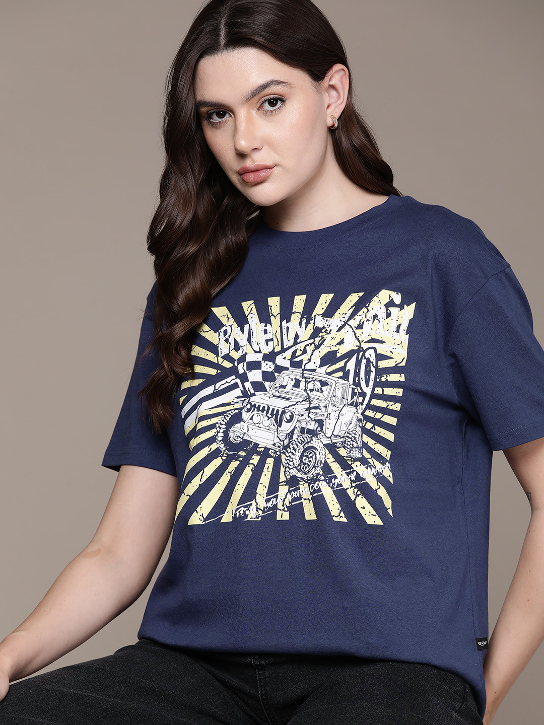 The Roadster Lifestyle Co. Printed Drop-Shoulder Sleeves Pure Cotton Relaxed Fit T-shirt
