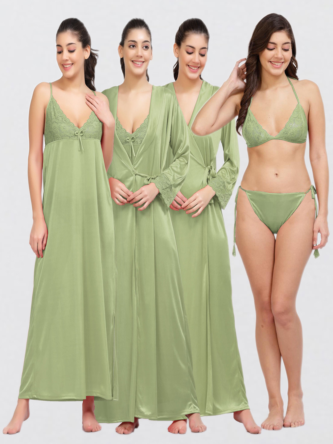 NIGHT KEYS Pack Of 4 Lace Inserted Maxi Satin Nightdress With Robe & Lingerie Set