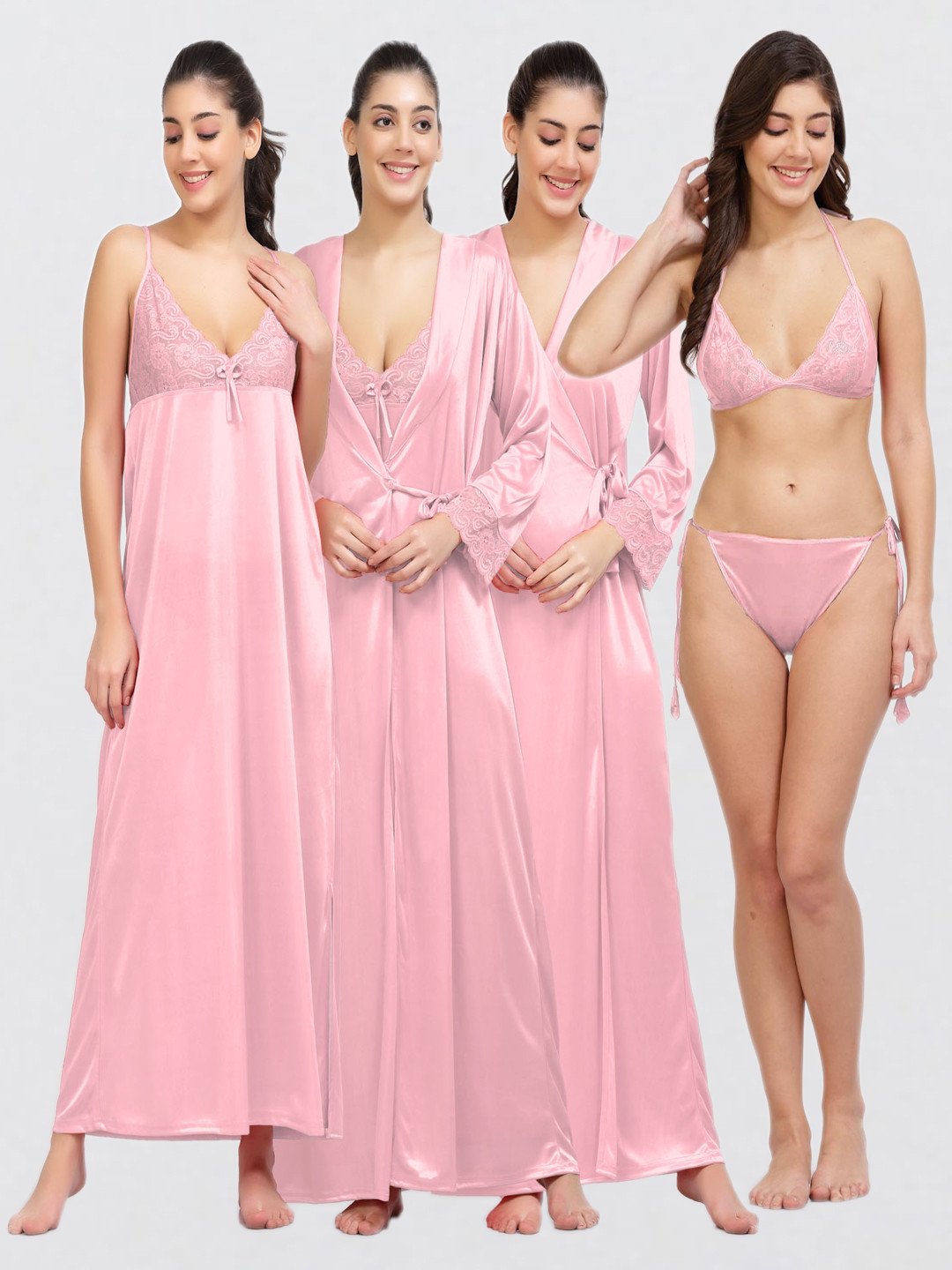 NIGHT KEYS Pack Of 4 Lace Inserted Maxi Satin Nightdress With Robe & Lingerie Set