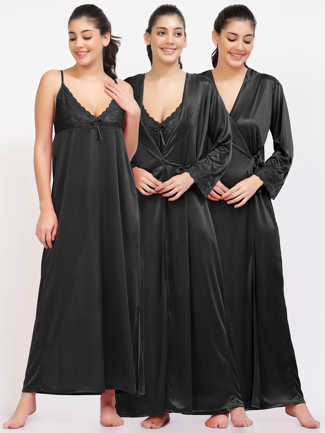 NIGHT KEYS Lace Inserted Maxi Satin Nightdress With Robe