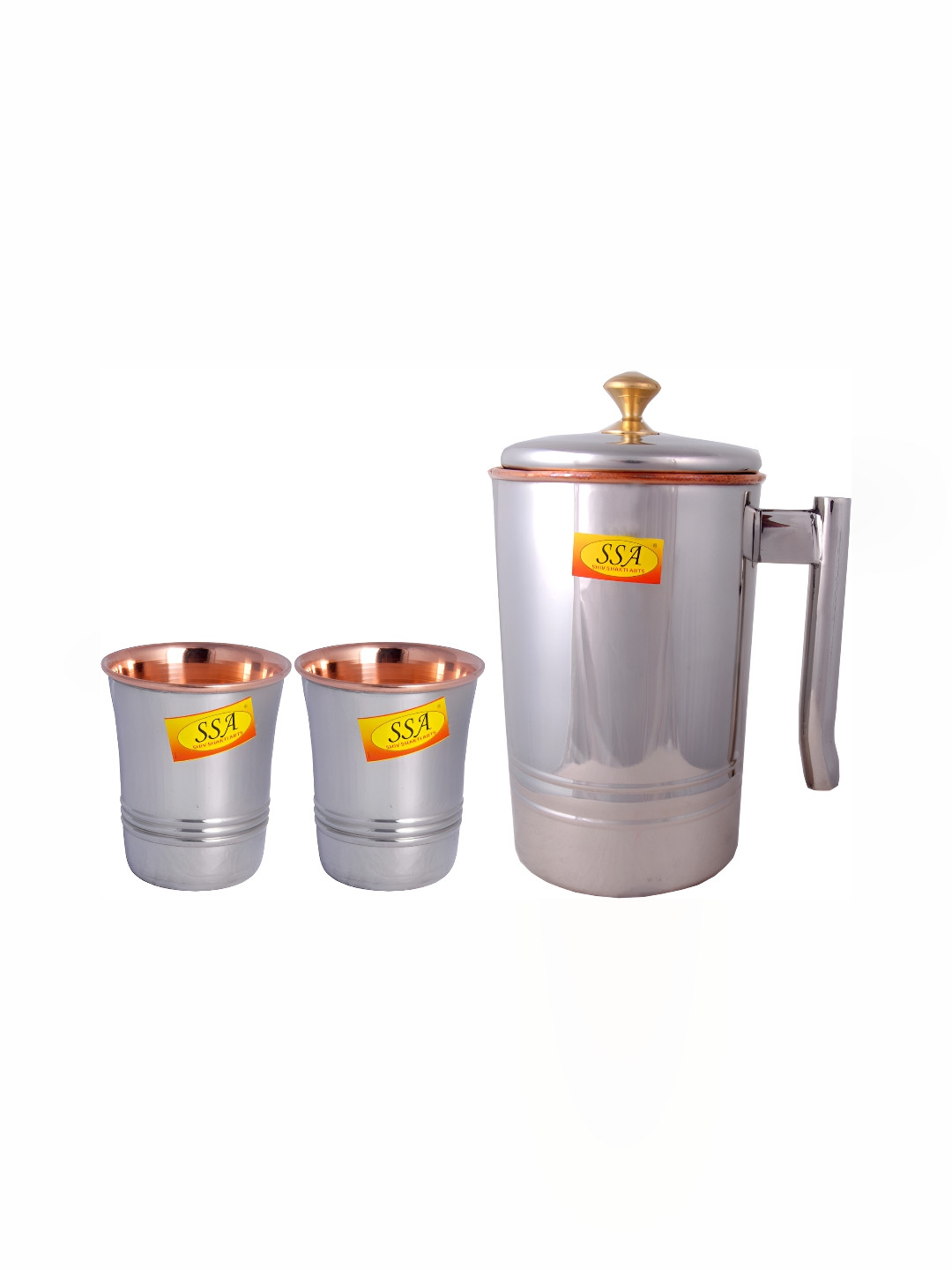 Shivshakti Arts Silver-Toned 3 Pieces Copper Water Jug & Glasses 2 Ltrs