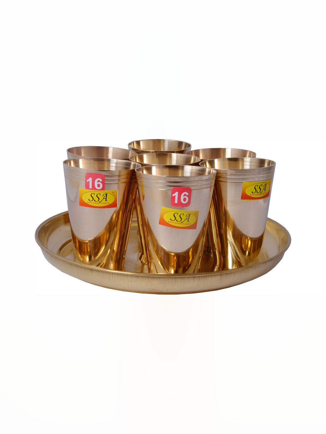 Shivshakti Arts Gold Toned 8 Pieces Brass Water or Juice Glasses With Plate 350 ml