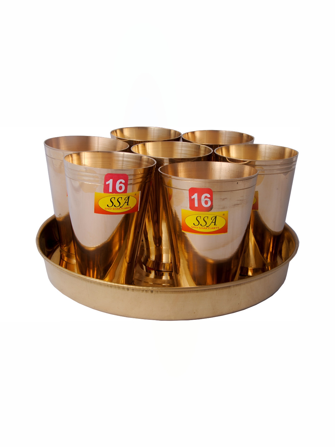 Shivshakti Arts Gold Toned 7 Pieces Brass Water Glass with Plate 350ml