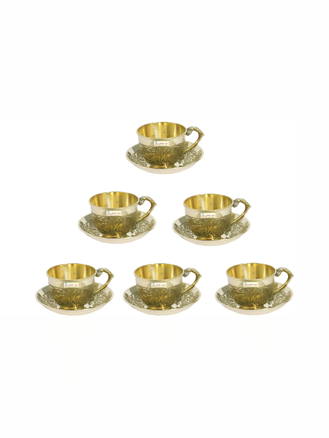 Shivshakti Arts Gold-Toned 12 Pieces Textured Brass Glossy Cups & Saucers 150 ML