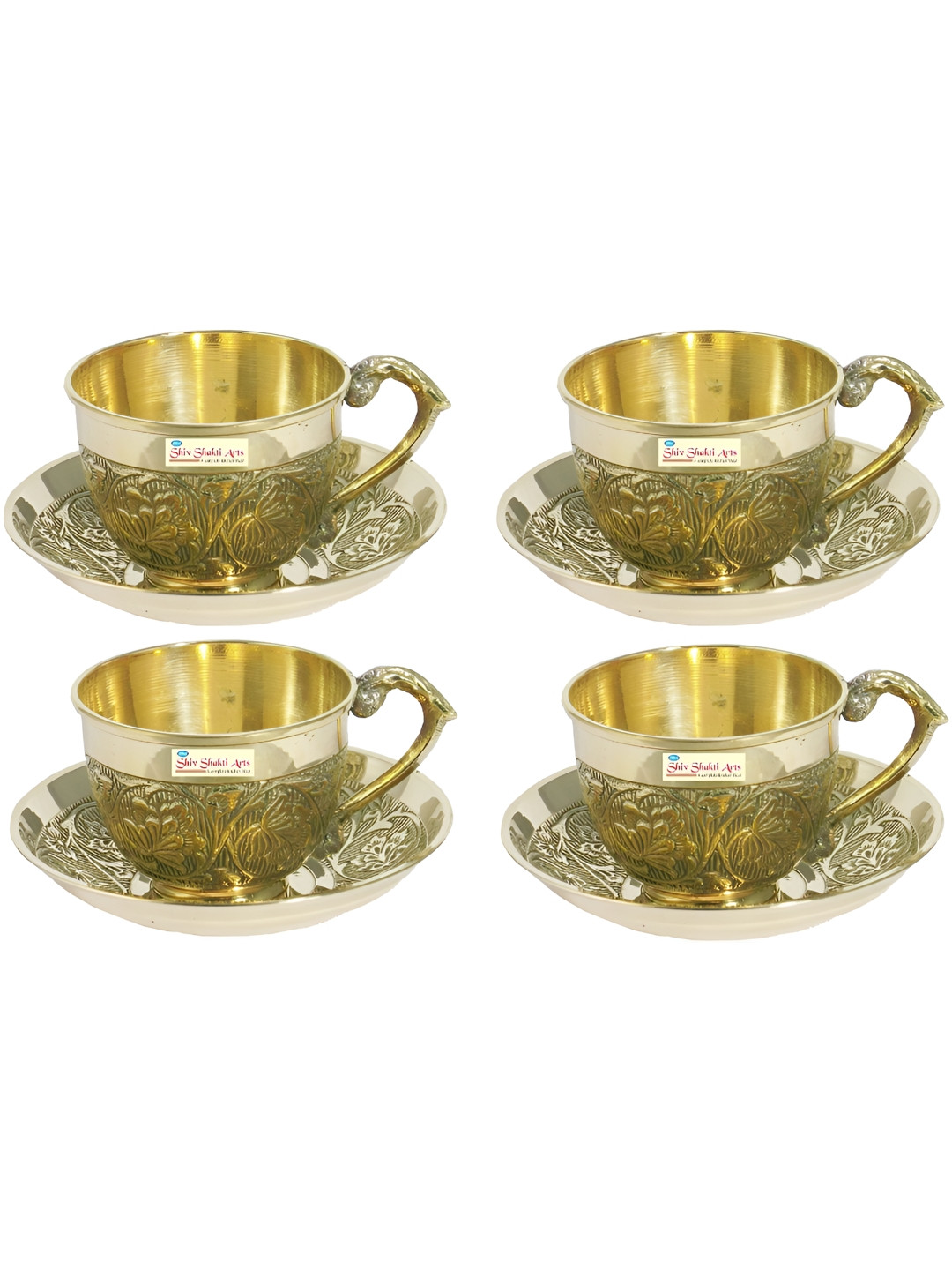 Shivshakti Arts Gold-Toned 8 Pieces Textured Brass Glossy Cups & Saucers 150 ML