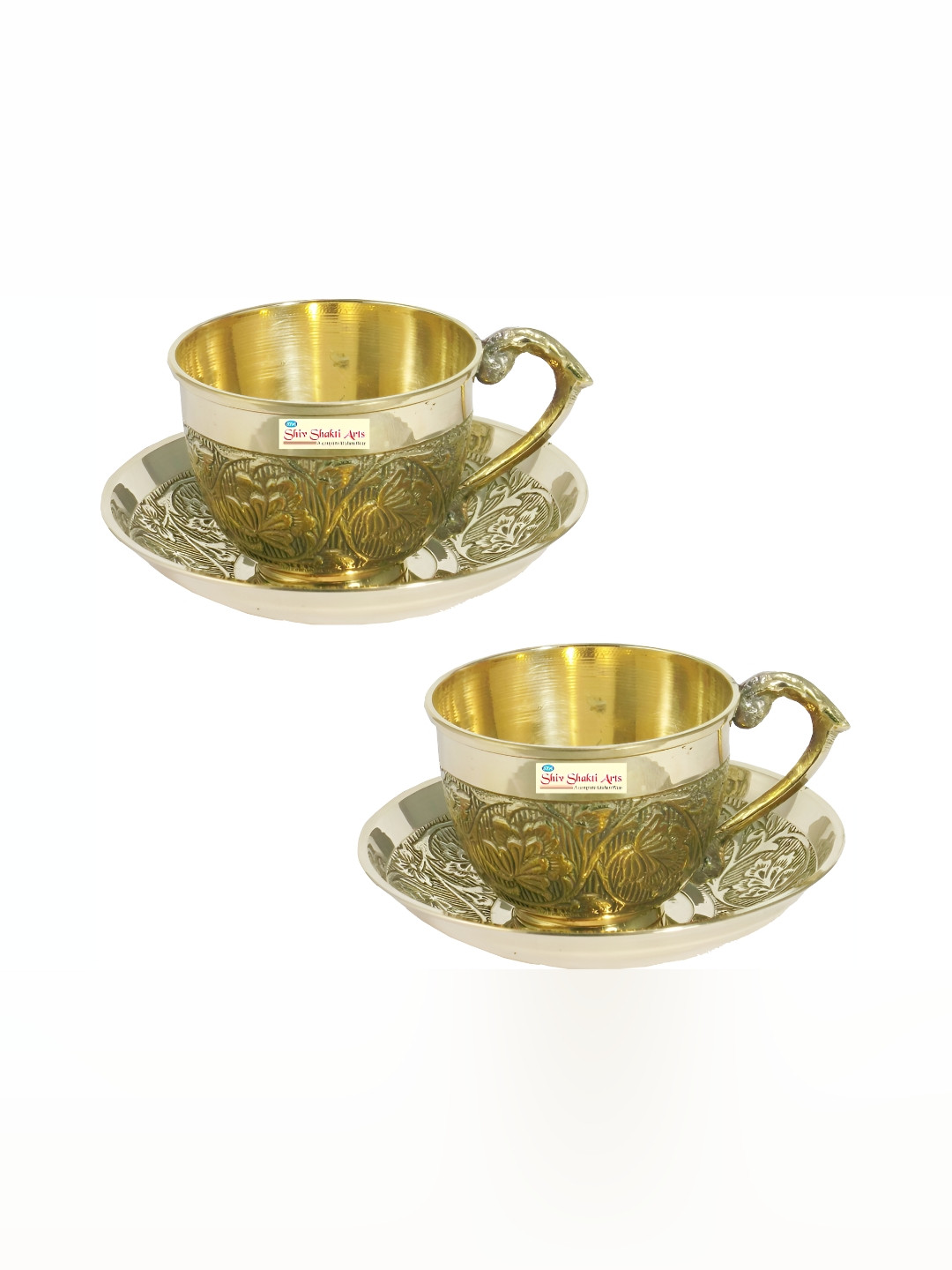 Shivshakti Arts Silver Toned 4 Pieces Ethnic Motifs Textured Brass Cups And Saucers