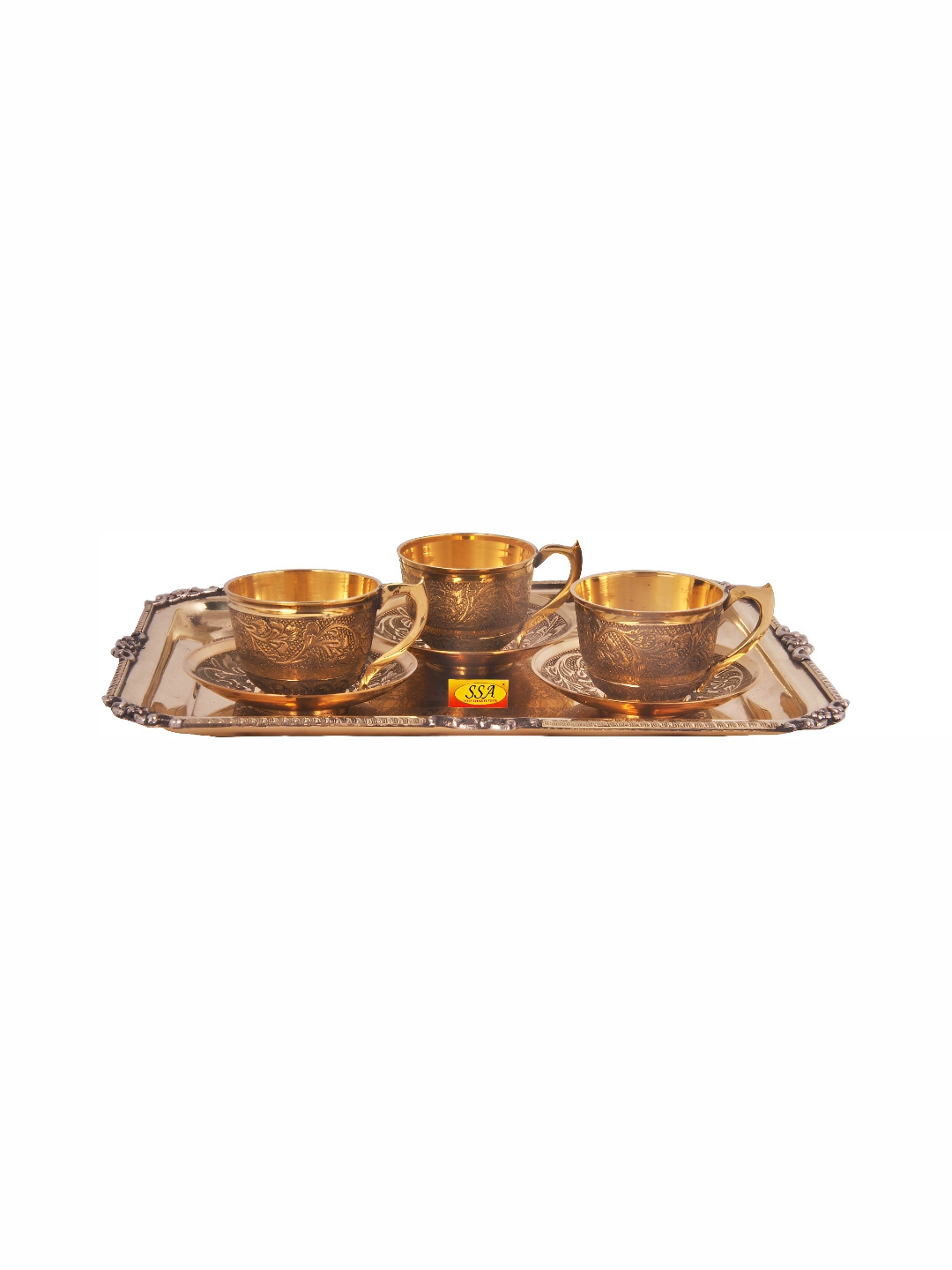 Shivshakti Arts Yellow Ethnic Motifs Brass Cups and Saucers Set of Cups and Mugs