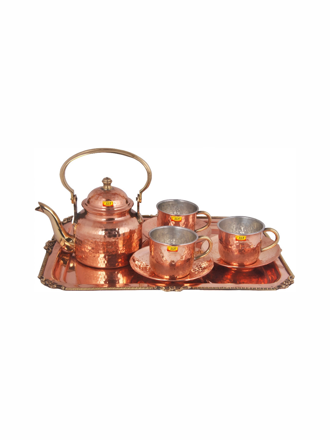 Shivshakti Arts Brown 8 Pieces Ethnic Motifs Copper Cups and Saucers