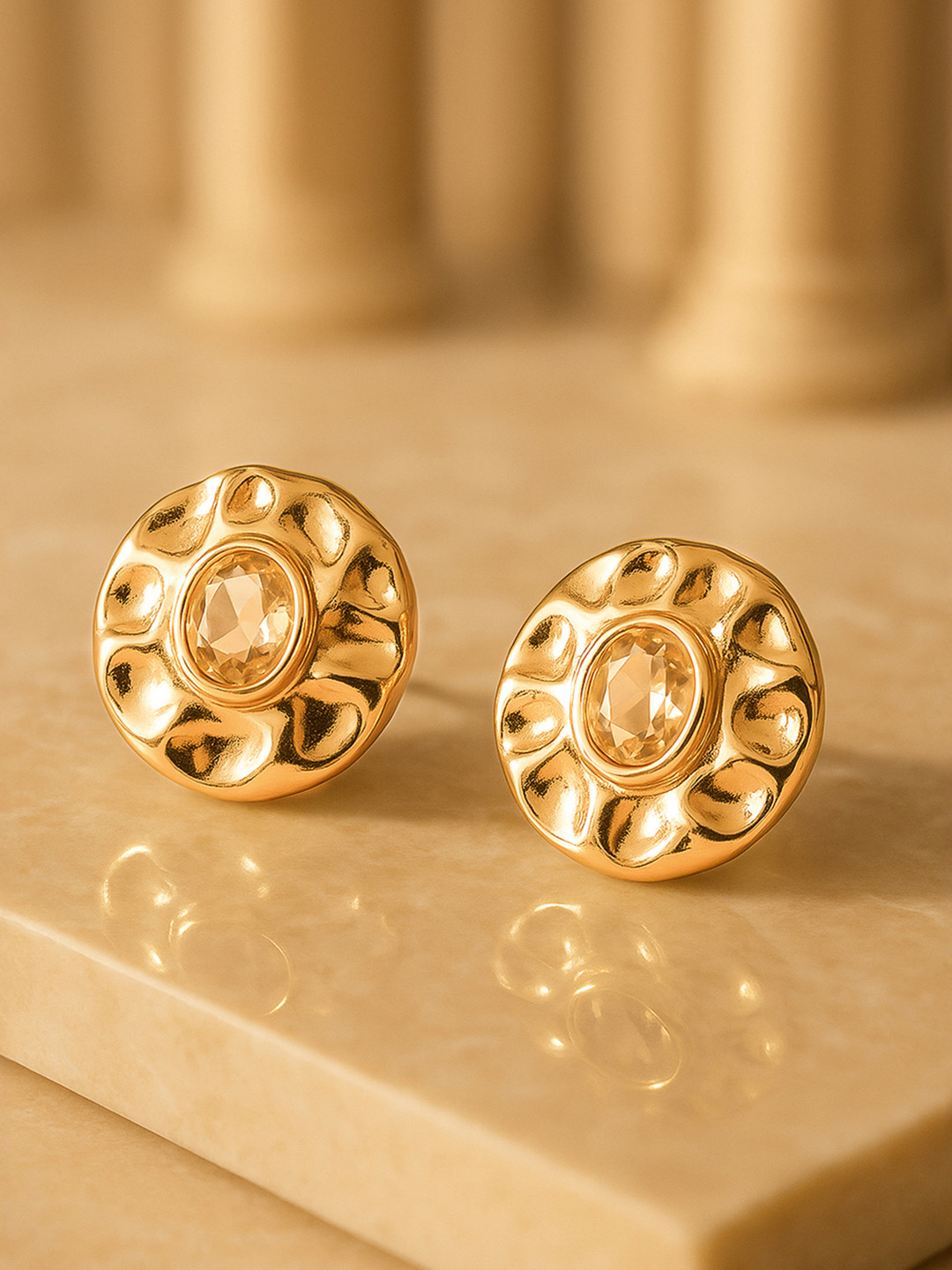 Rubans Voguish 18k Gold Plated Textured Round Stud Earrings with Yellow Crystal Stone