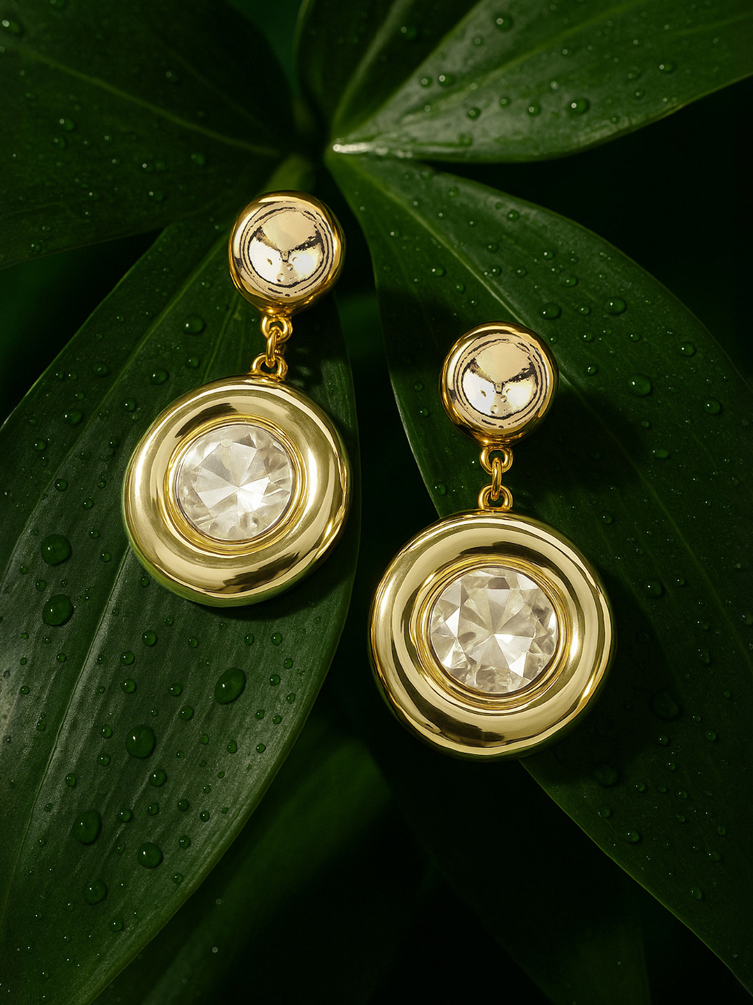 Rubans 18K Gold-Plated Yellow AD Studded Glossy Sculpted Drop Earrings