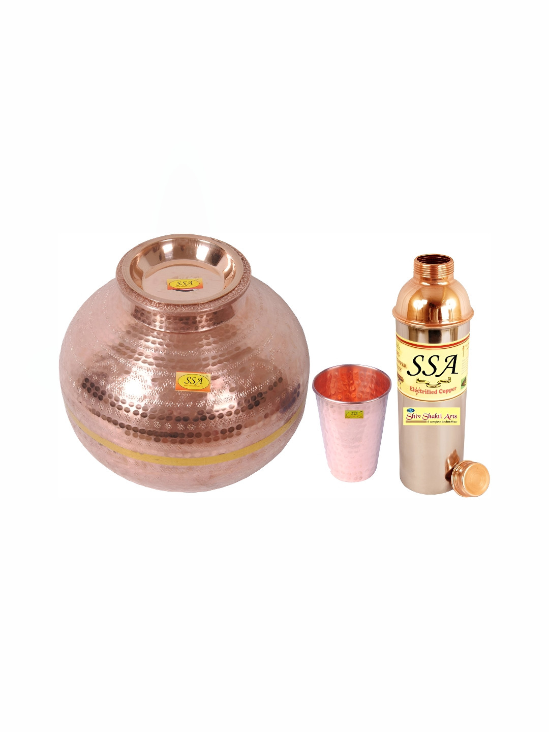 Shivshakti Arts Copper Toned 3 Pieces Metal Water Bottle with Glass