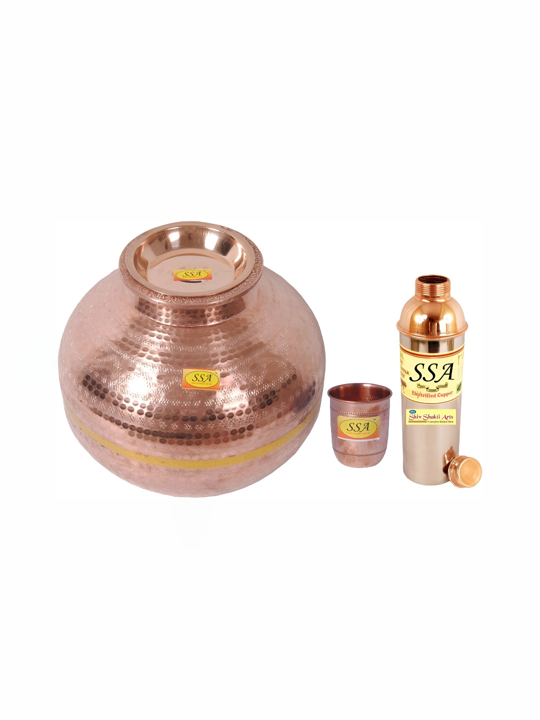 Shivshakti Arts Copper-Toned  3 Pieces Metal Water Bottle with Glass