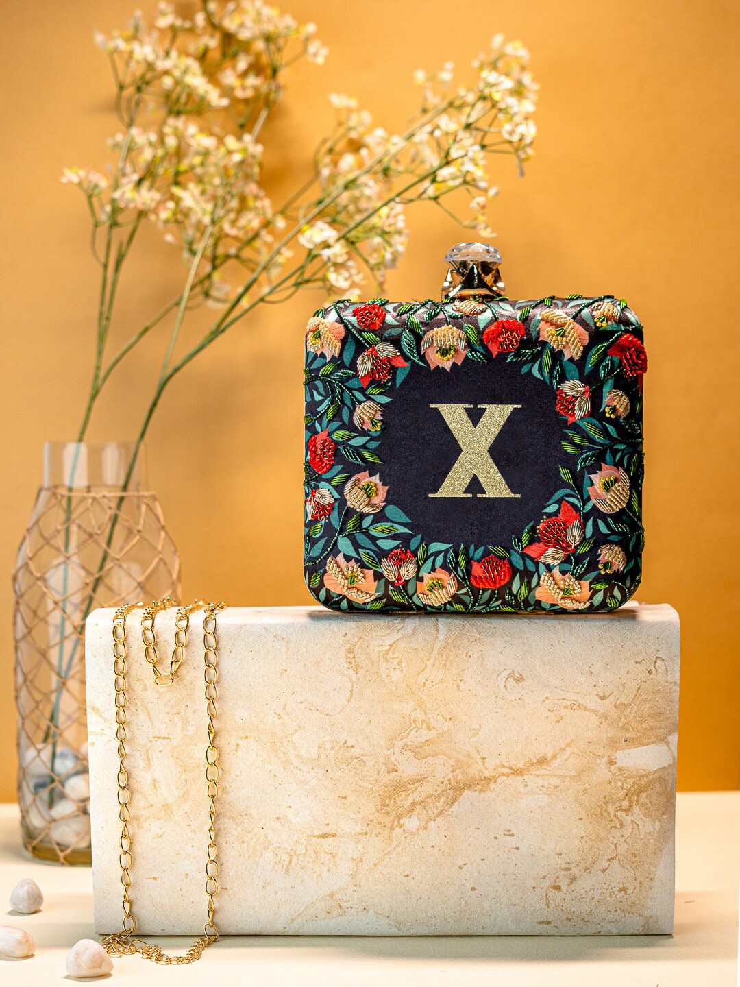 NR By Nidhi Rathi Floral Printed Beads & Stones Box Clutch