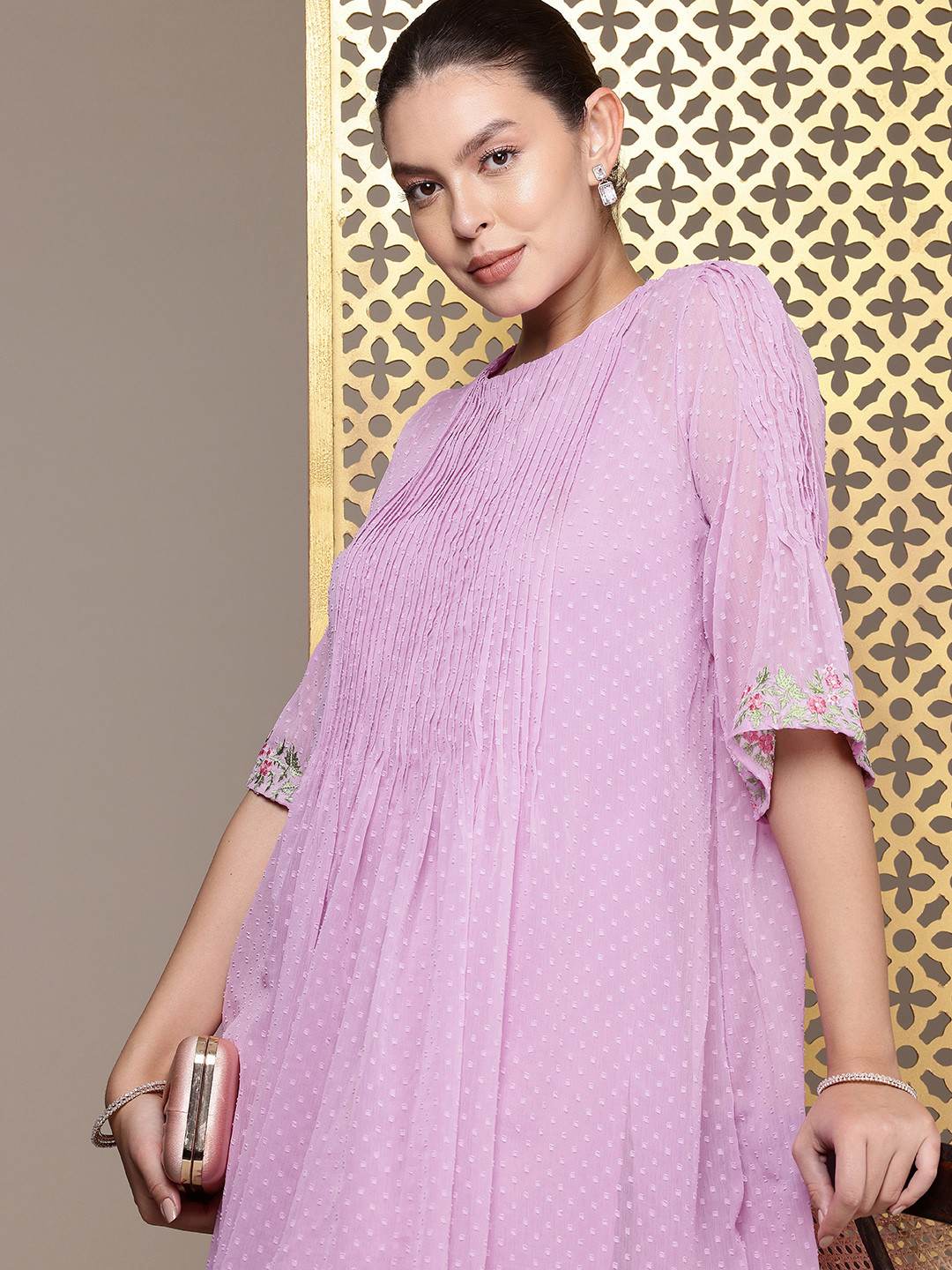 House of Pataudi Jashn Self Designed Embroidered Detail A-Line Midi Dress