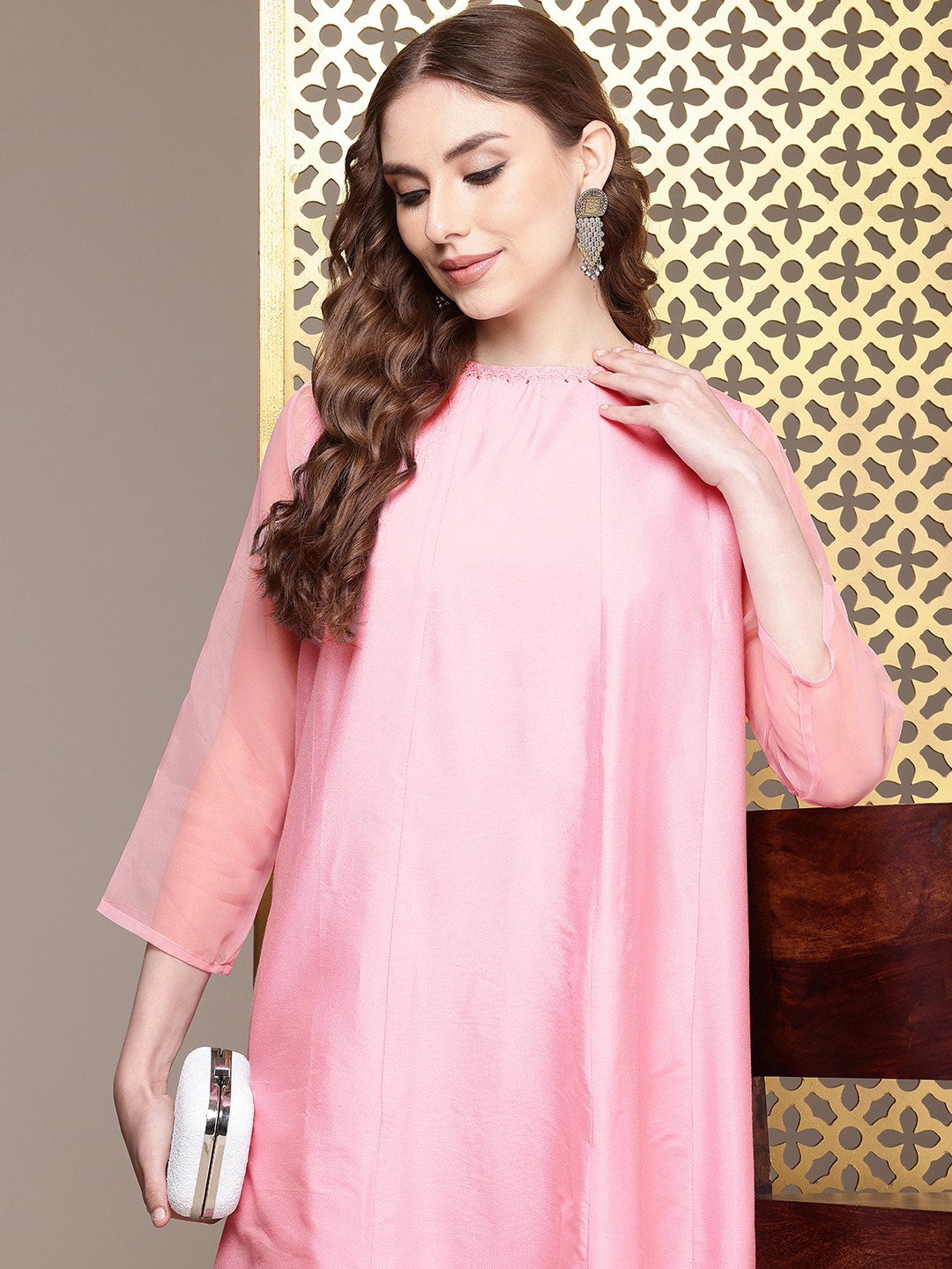 House of Pataudi Three-Quarter Sleeves Round Neck A-Line Rozana Kurta