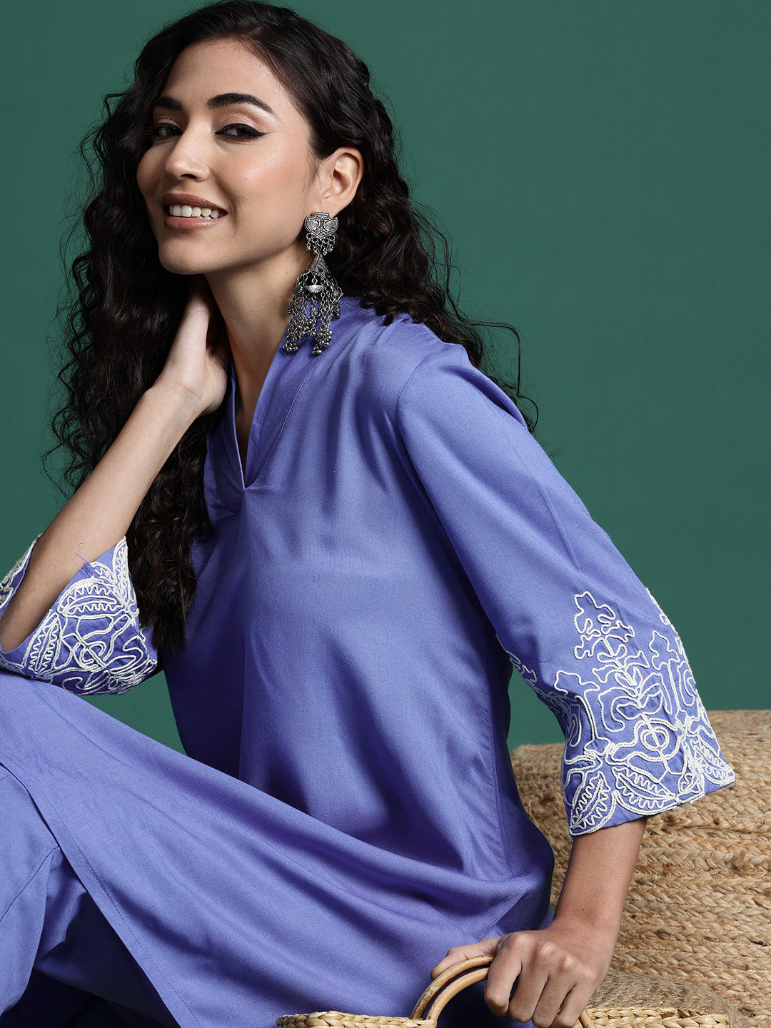 Sangria Thread-Work Shawl Collar Kurta with Trousers
