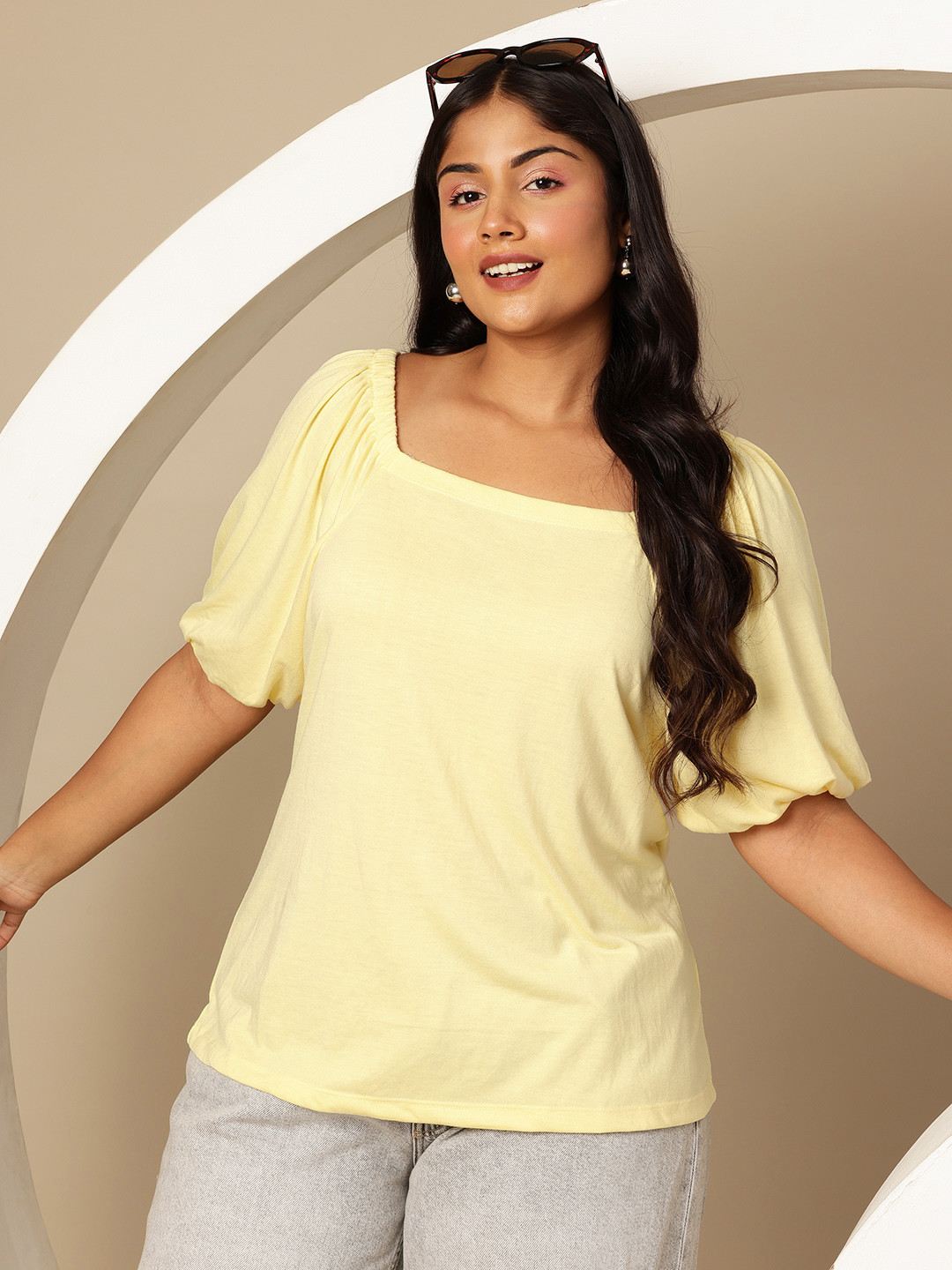 Sztori Plus Size Solid Square Neck Top