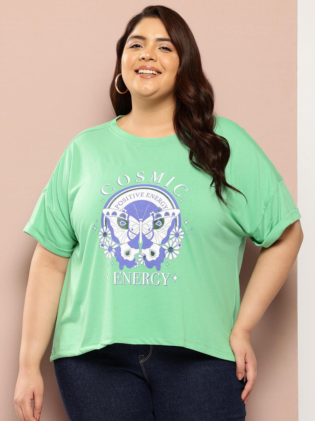 Sztori Plus-Size Printed Drop-Shoulder Sleeves T-shirt