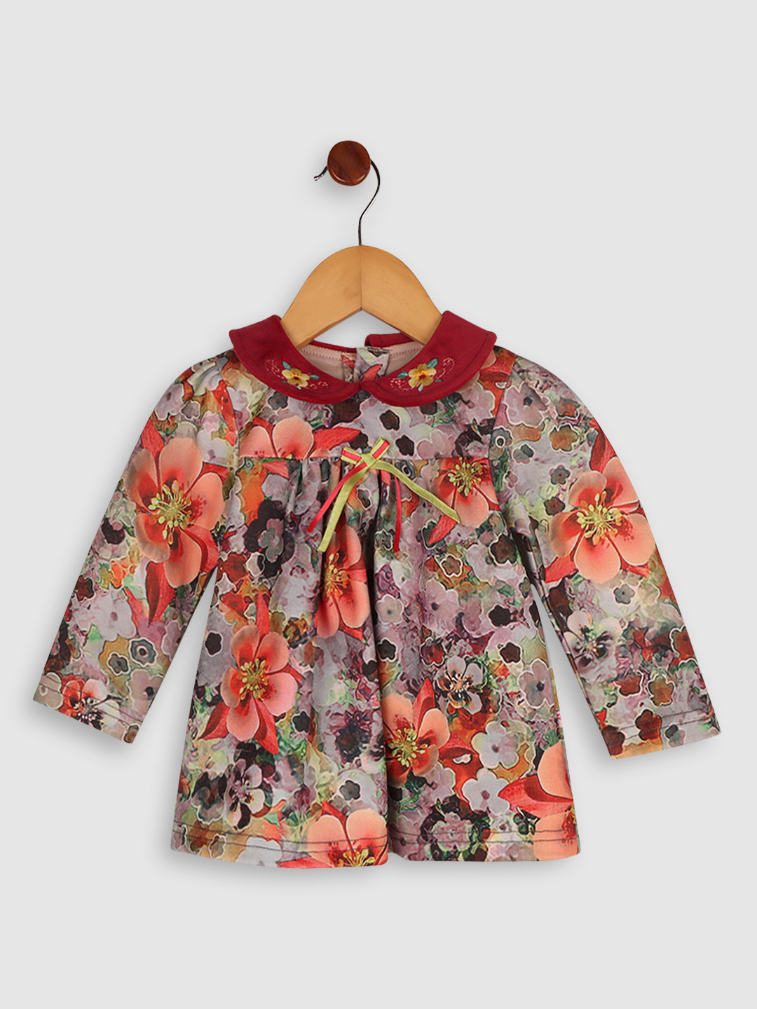 BAESD Girls Floral Print Peter Pan Collar Full Sleeves Embroidered Empire Dress