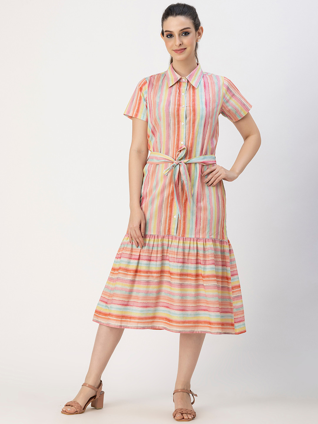 Moomaya Striped Shirt Shirt Collar Midi A-Line Dress