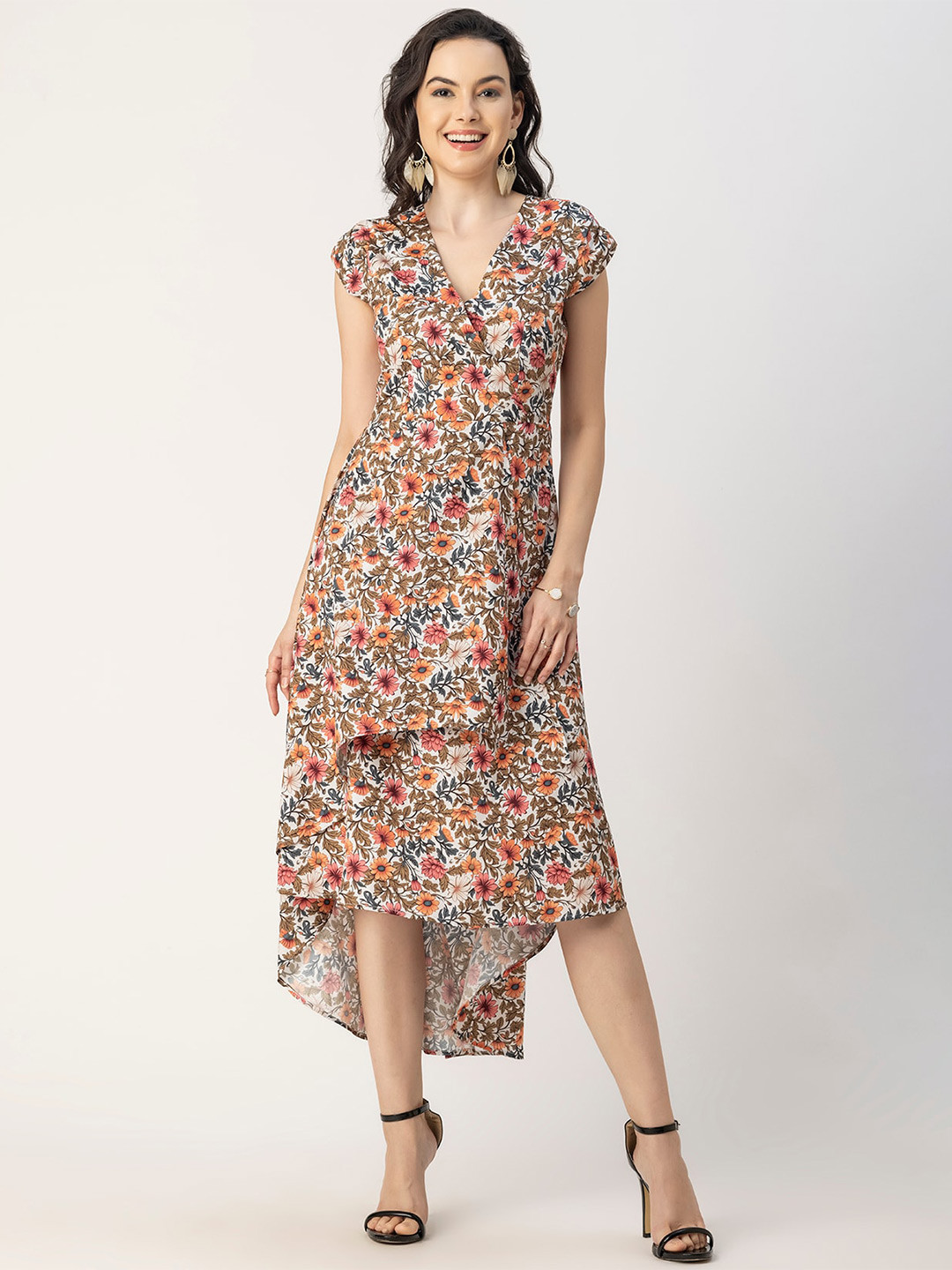 Moomaya V Neck Short Cap Sleeves Floral Print Crepe A-Line Midi Dress