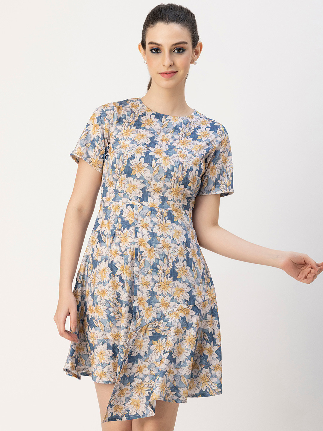 Moomaya Blue Floral Print Round Neck Half Sleeves A-Line Dress