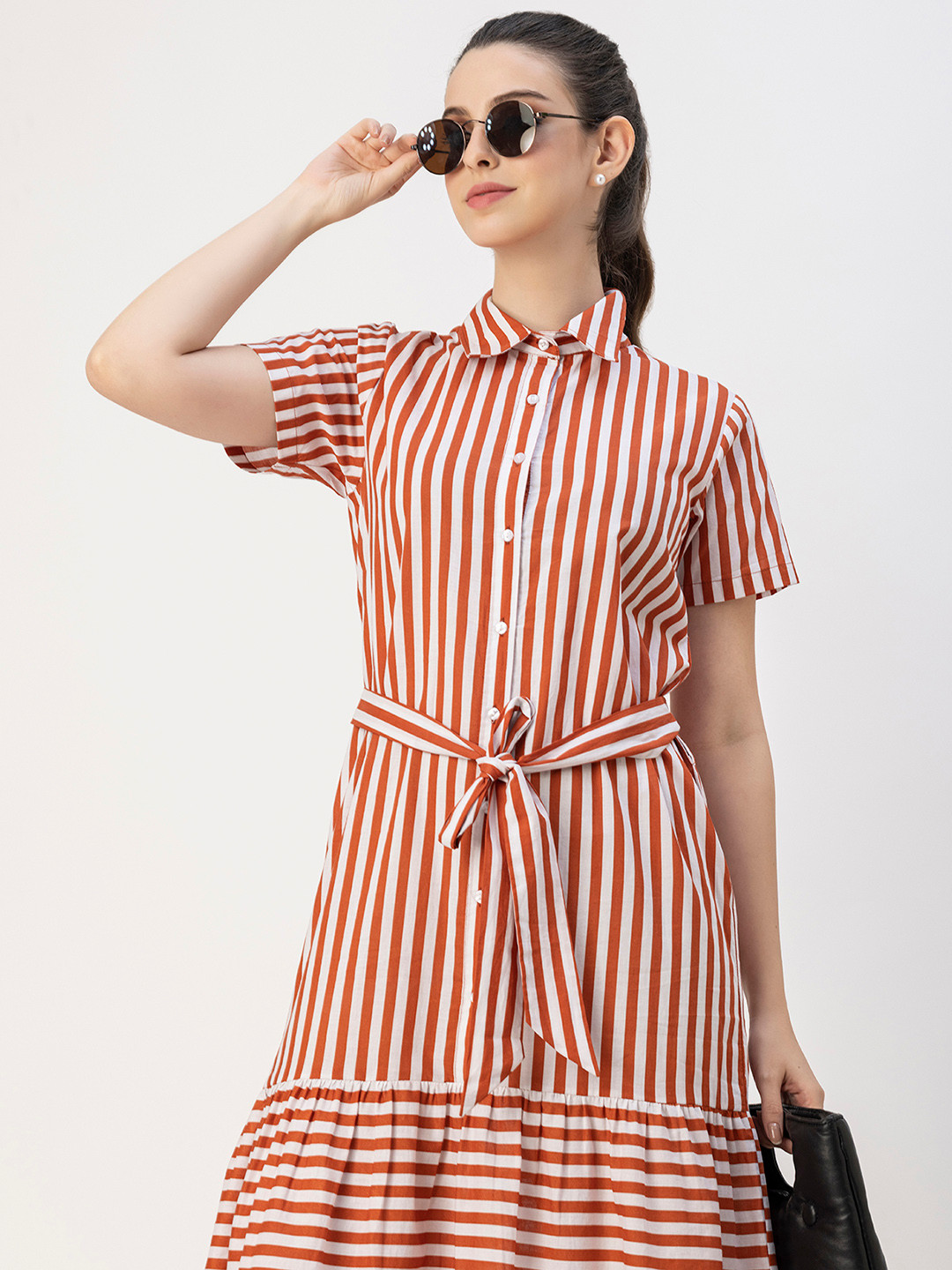 Moomaya Striped Cotton Flared Shirt Midi Dress