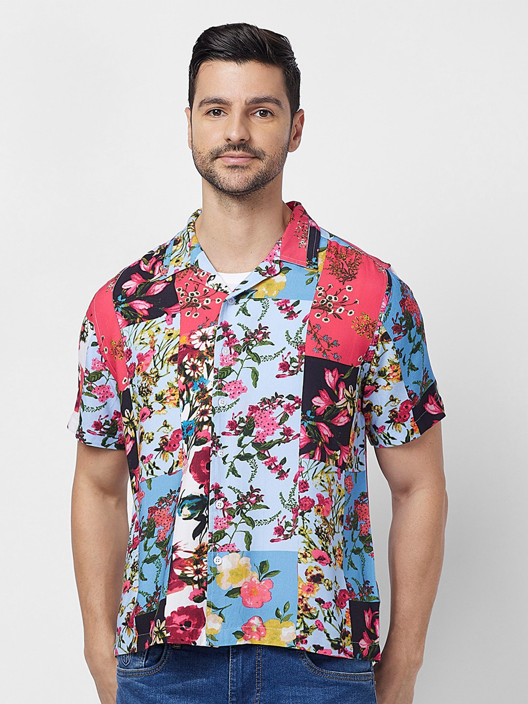 Globus Men Cuban Collar Patch Printed Smart Casual Shirt