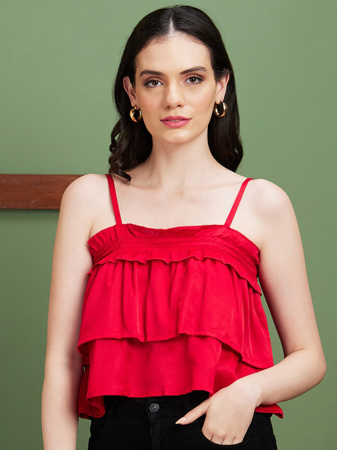 Globus Red Shoulder Strap Layered Crop Top