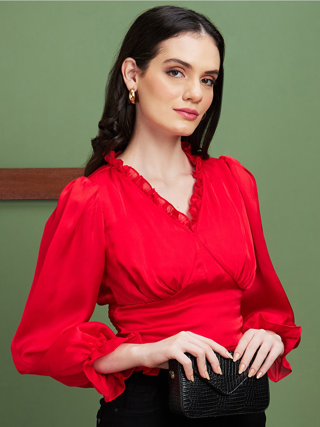 Globus Red V-Neck Smocking Empire Top