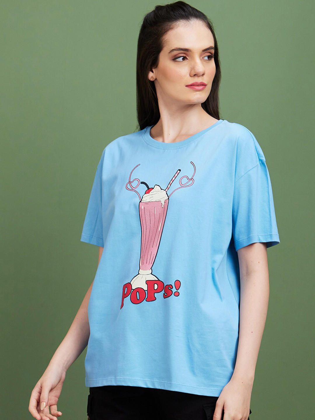 Globus Blue Humour and Comic Printed Round Neck Drop-Shoulder Sleeves Boxy Cotton T-shirt