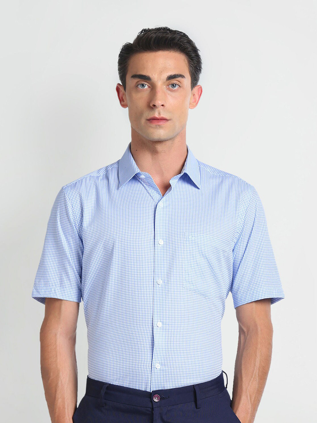 Arrow Spread Collar Short Sleeves Micro Checks Pure Cotton Opaque Checked Formal Shirt