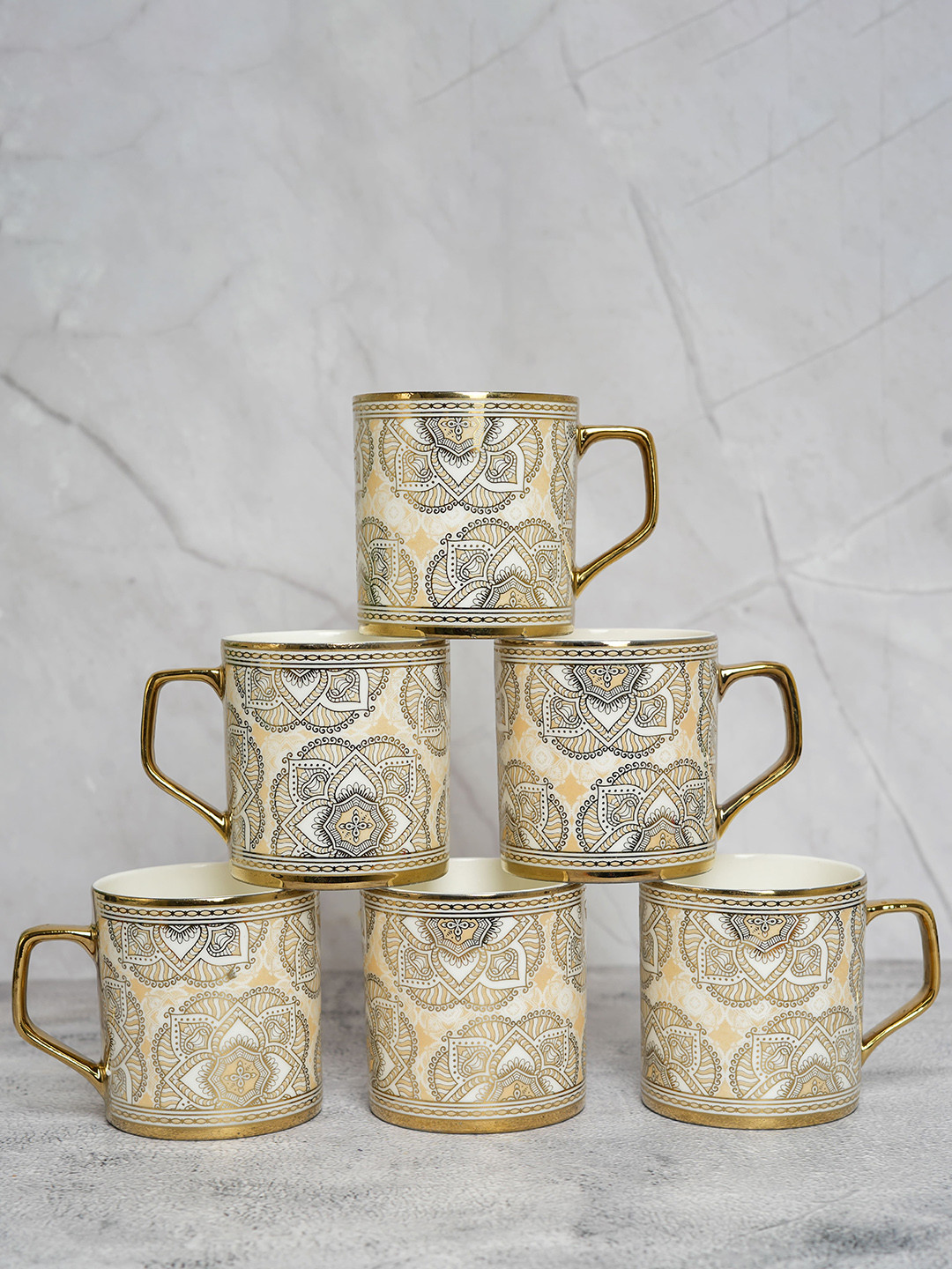 Femora Cascade Cool Gold Ethnic Motifs Ceramic Microwave Safe 6 Piece Mugs-180ml