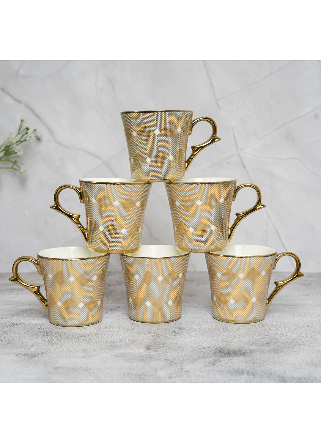 Femora Altius Beige Geometric Ceramic Microwave Safe 6 Piece Mugs-180ml