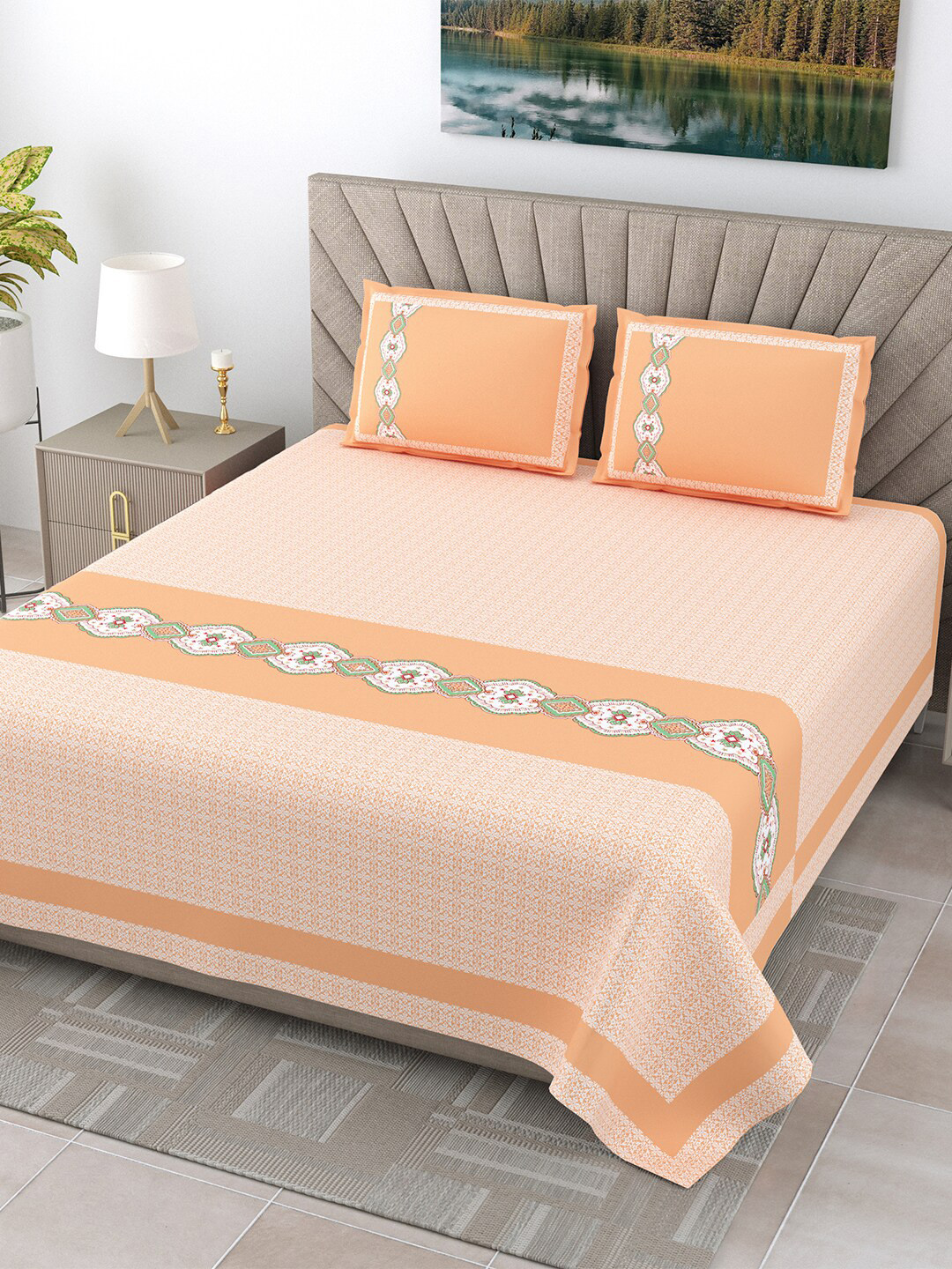 JAIPUR FABRIC Oasis Peach Ethnic Motifs Cotton 300 TC King Fine Bedsheet with 2 Pillow Covers-108 x 108 inches
