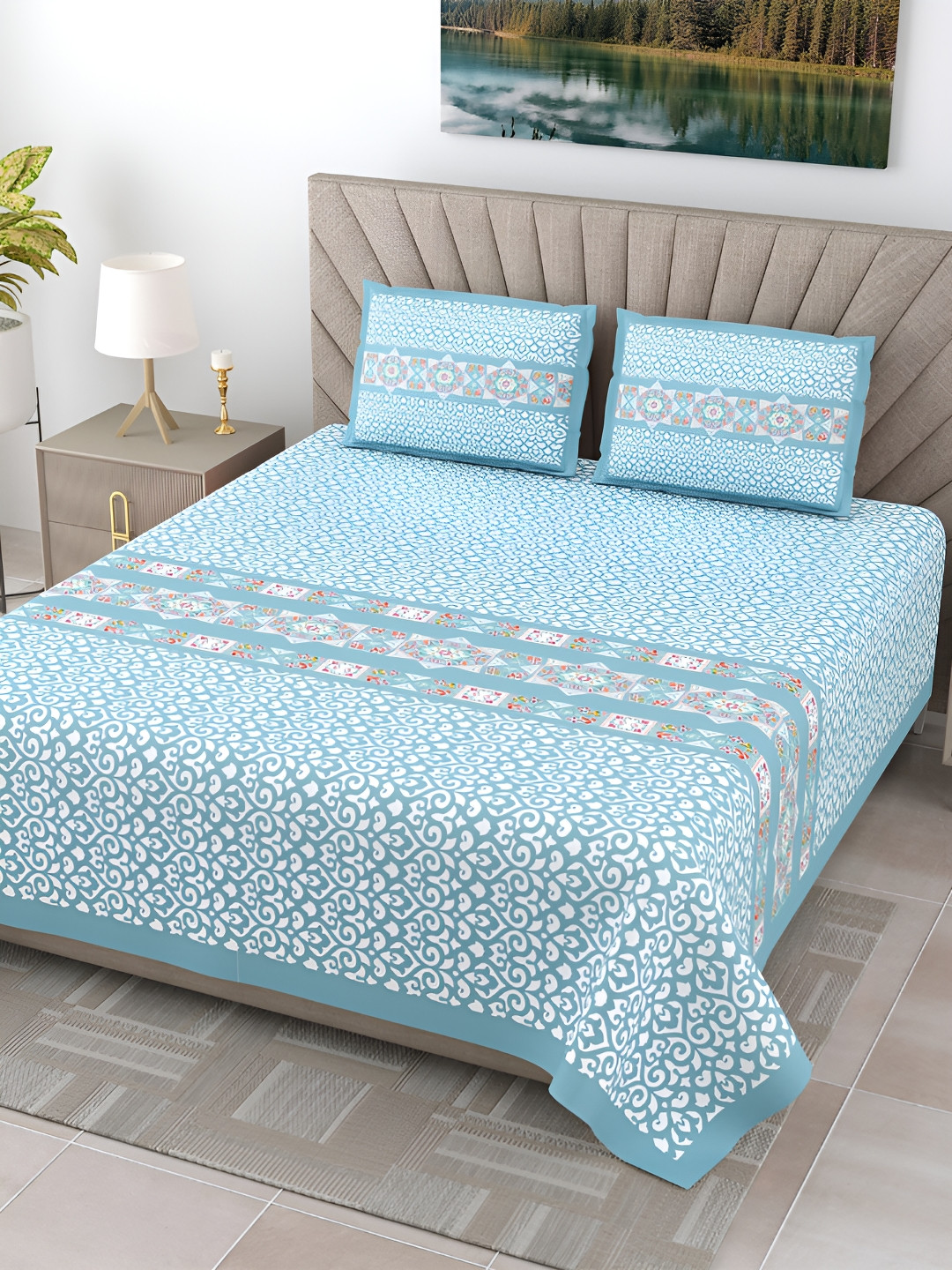 JAIPUR FABRIC Blue Ethnic Motifs Cotton 300 TC King Fine Bedsheet with 2 Pillow Covers-274.13 x 100 inches