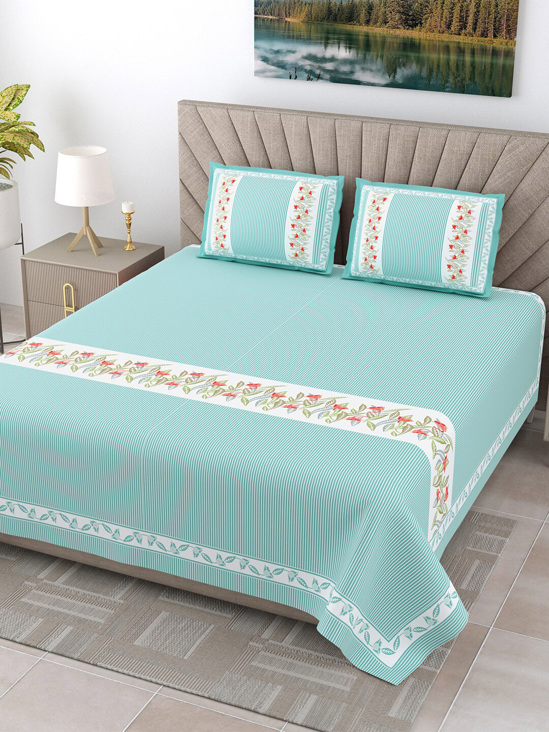 JAIPUR FABRIC Green Floral Pure Cotton 300 TC King Fine Bedsheet with 2 Pillow Covers-108 x 108 inches