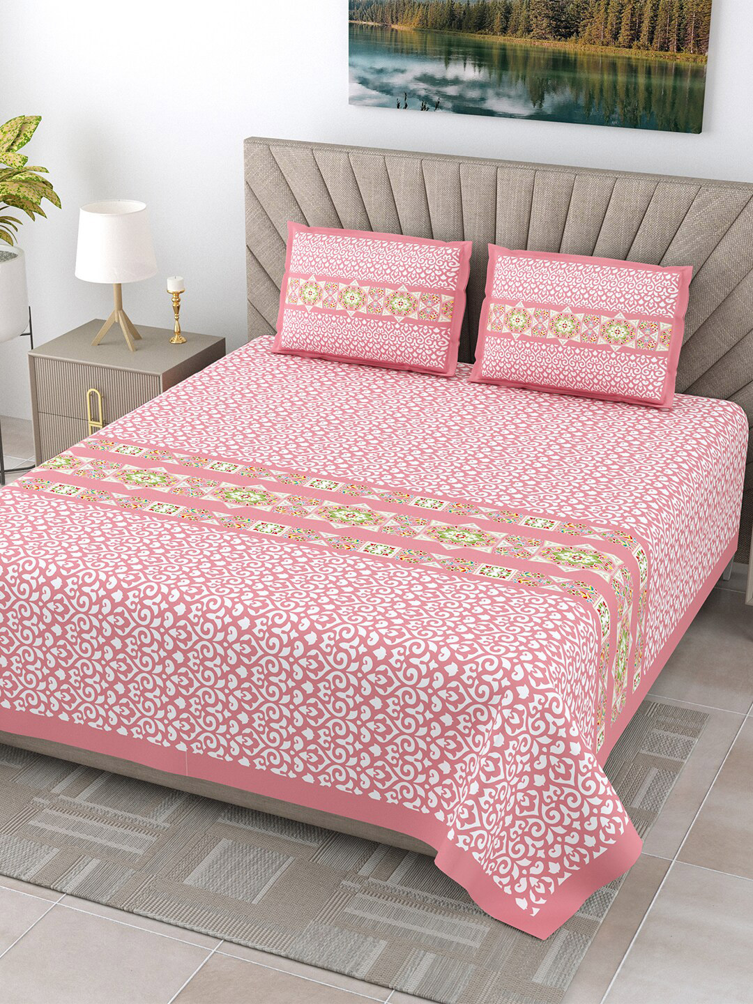 JAIPUR FABRIC Pink Ethnic Motifs Pure Cotton 300 TC King Fine Bedsheet with 2 Pillow Covers-108 x 108 inches