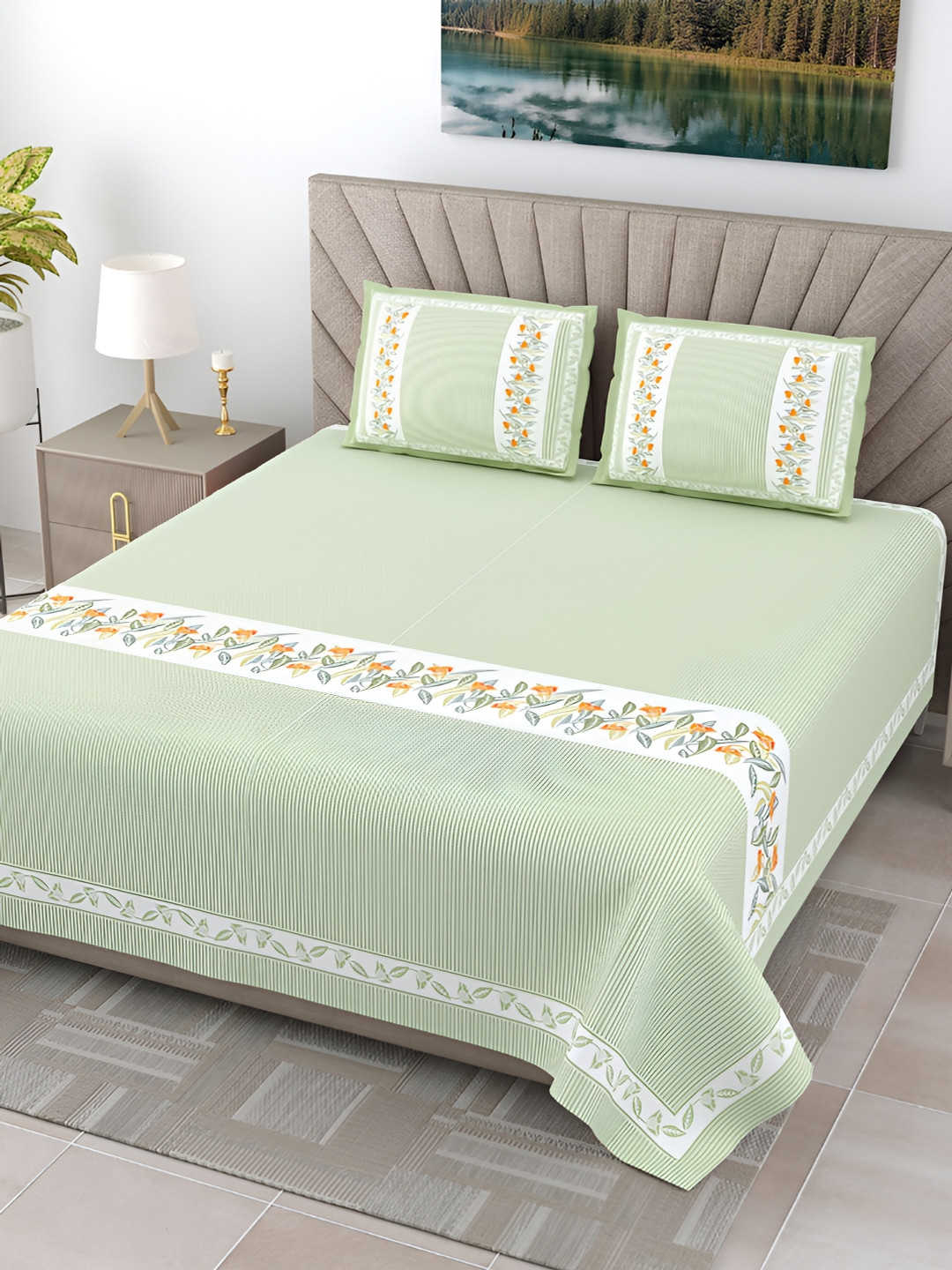 JAIPUR FABRIC Eco Friendly Green Striped Pure Cotton 300 TC King Fine Bedsheet with 2 Pillow Covers-108 x 108 inches