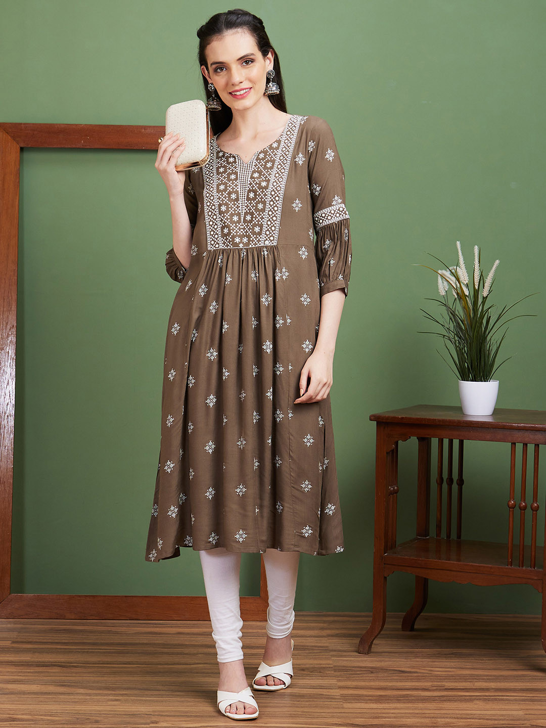 Globus Taupe Ethnic Motifs Embroidered Thread Work Anarkali Kurta