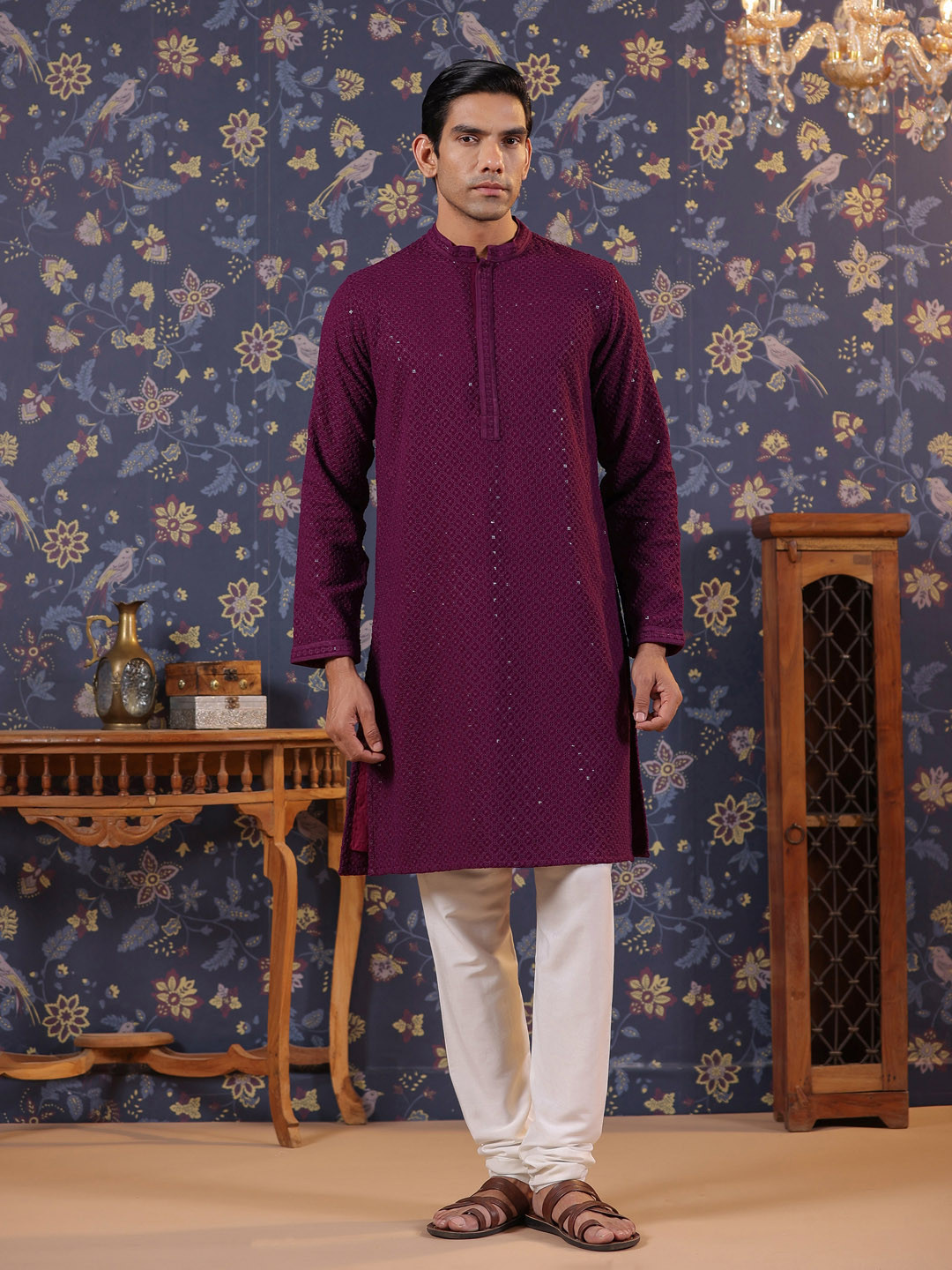House of Pataudi Mandarin Collar Embroidered Straight Kurtas