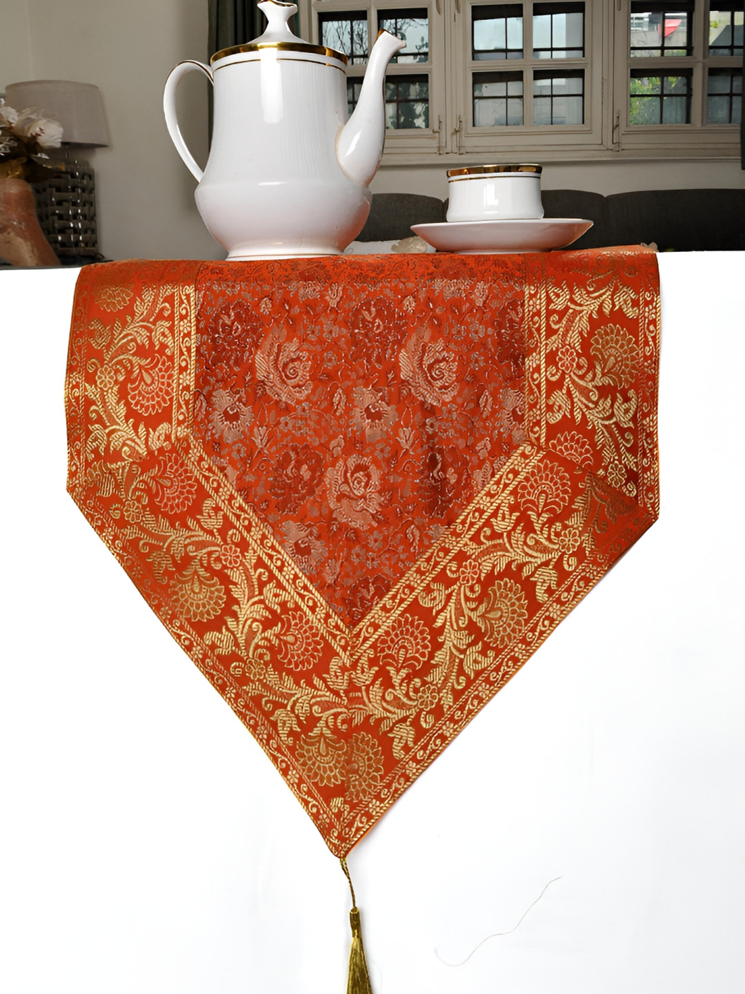Lal Haveli Orange & Beige Ethnic Motifs Woven Design Table Runner