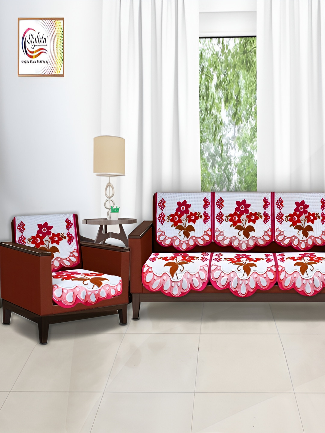 Stylista Pink & White 10 Pieces Floral Printed Velvet Sofa Cover