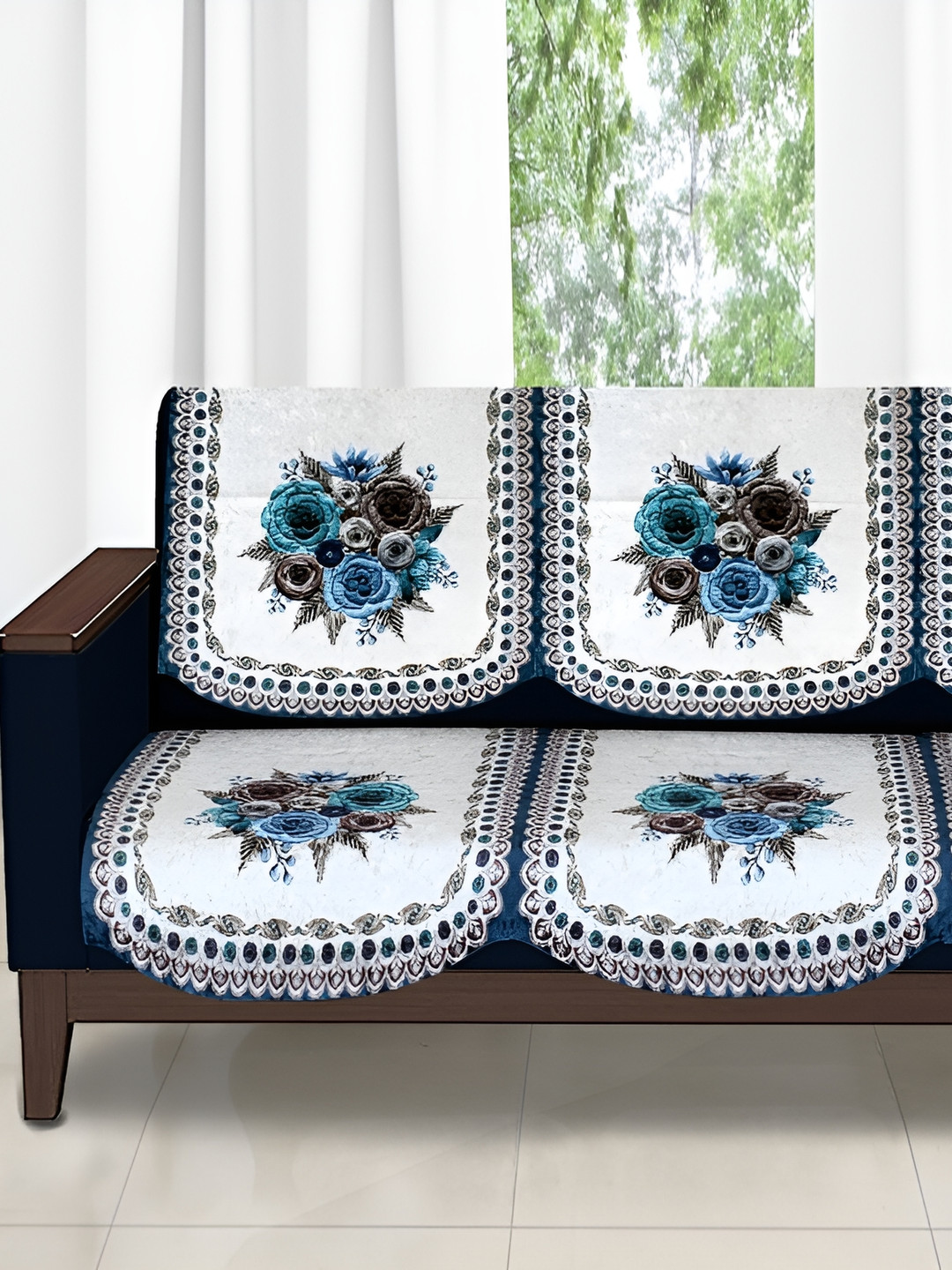 Stylista Blue & White 6 Pieces Floral Printed Velvet Cotton Sofa Covers