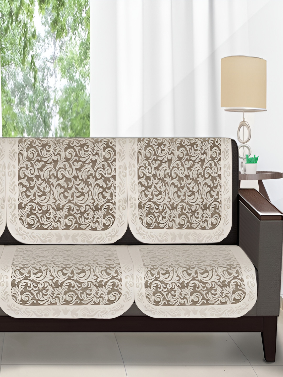 Stylista Floral Off White Cotton Washable 6PC Straight 3 Seater Sofa Cover-68x29In