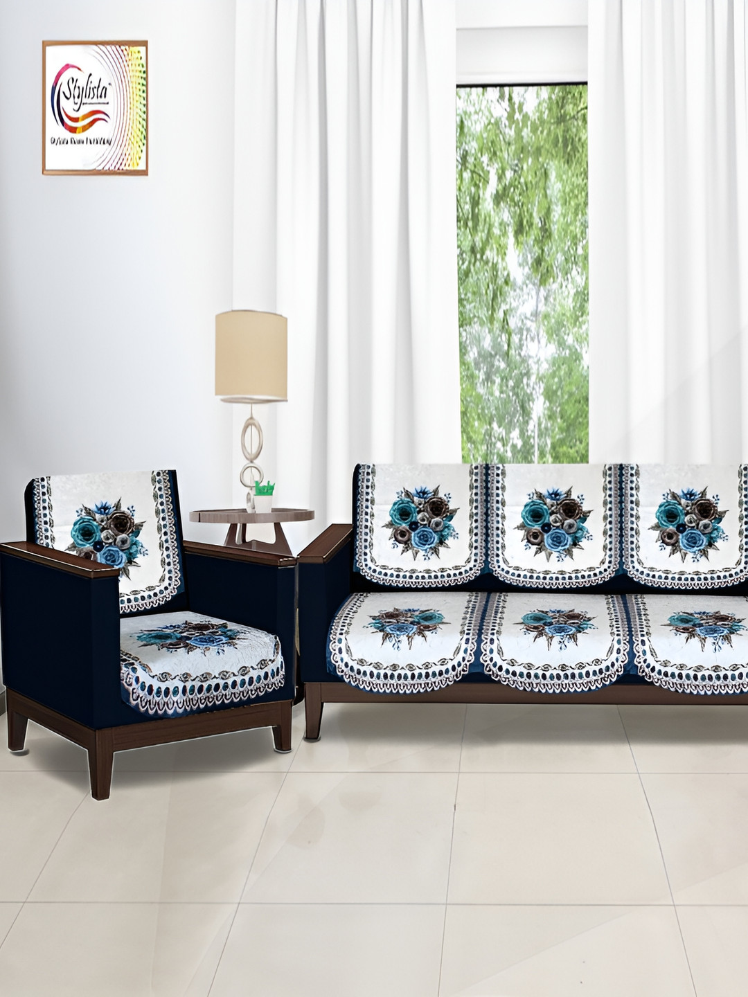 Stylista Blue Floral Velvet Washable 10PC Straight 5 Seater Sofa Cover-68x29In