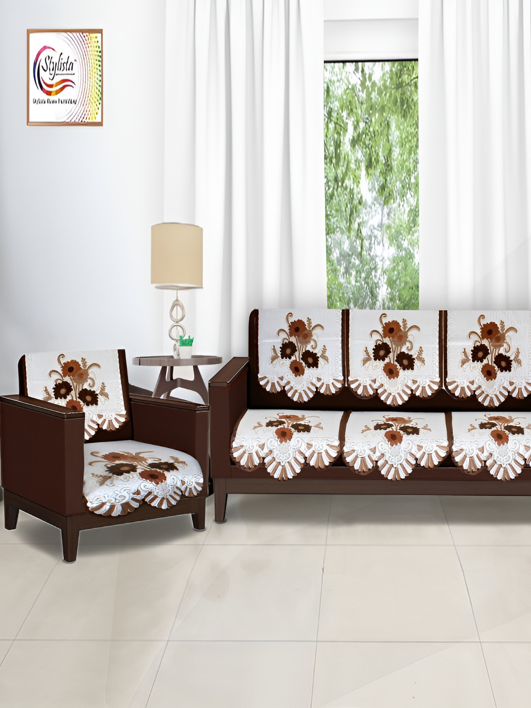 Stylista Brown & White 10 Pieces Floral Printed Velvet Sofa Cover