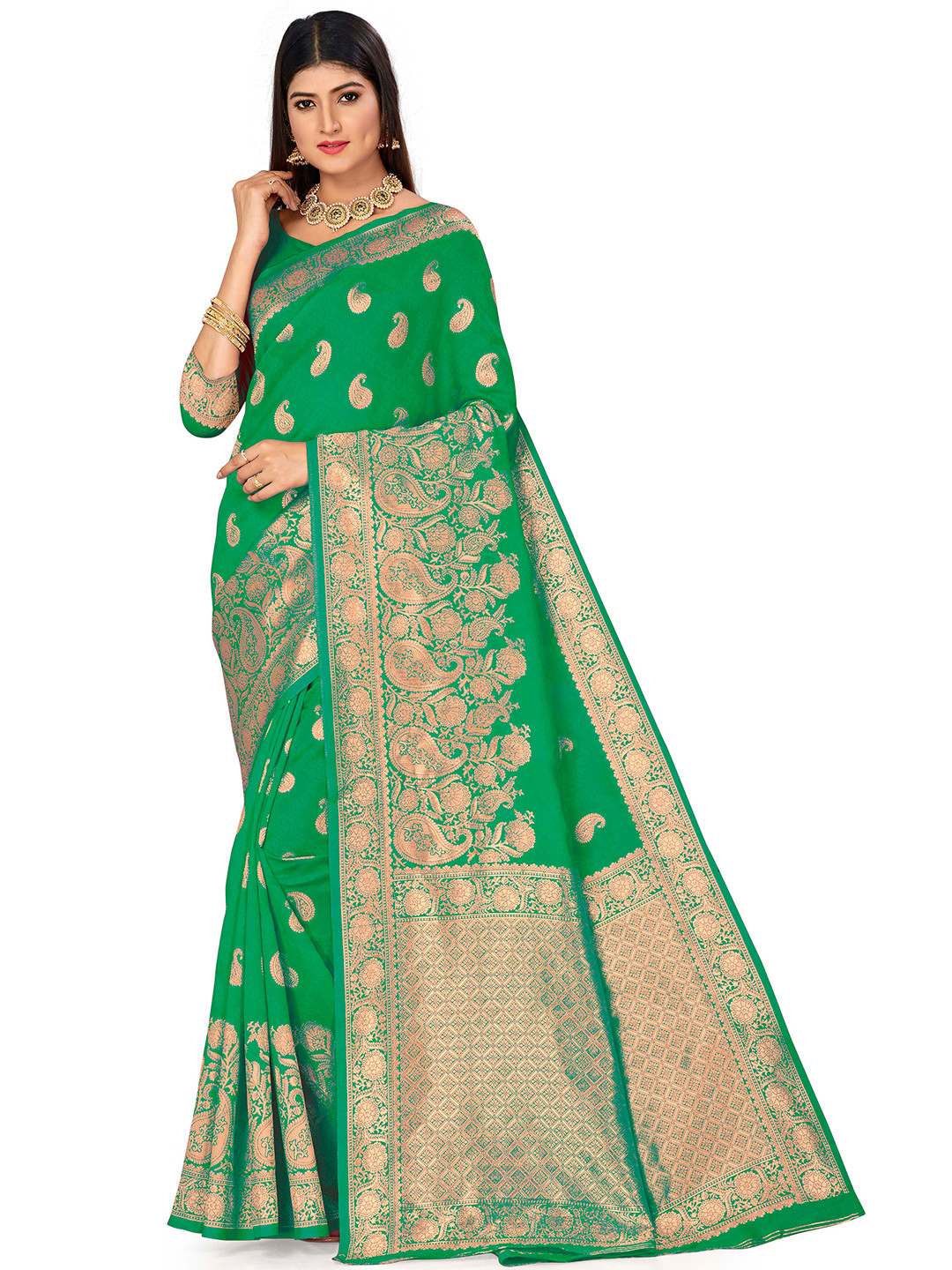 MANVAA Green & GoldToned Ethnic Woven Design Zari Silk Banarasi Saree