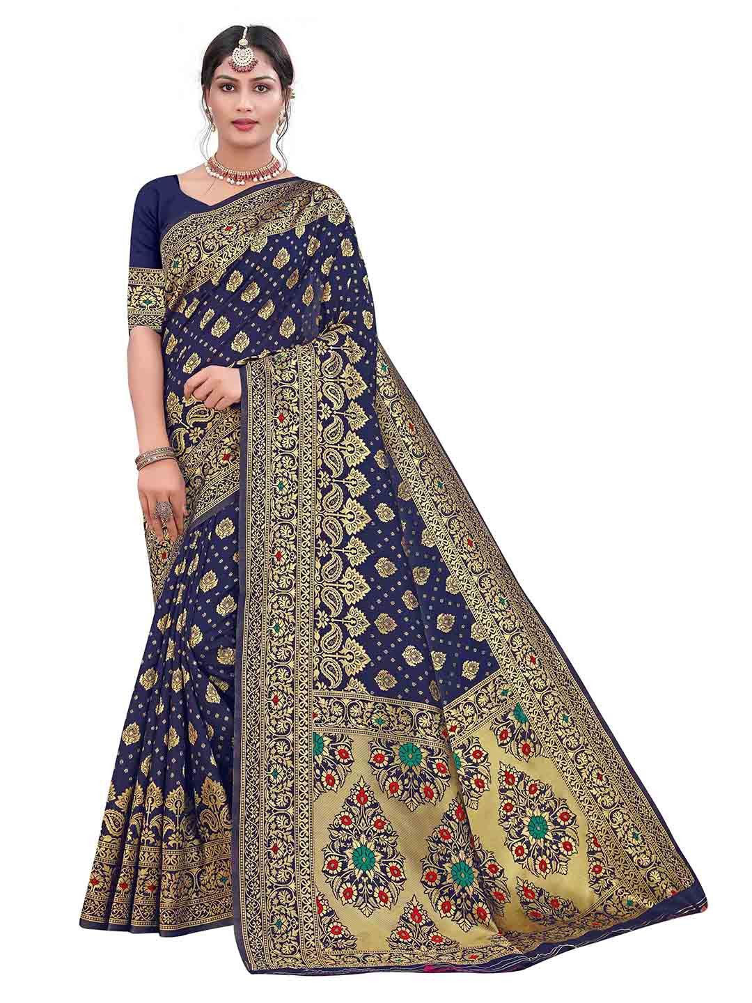 MANVAA Blue & GoldToned Ethnic Woven Design Zari Banarasi Silk Saree