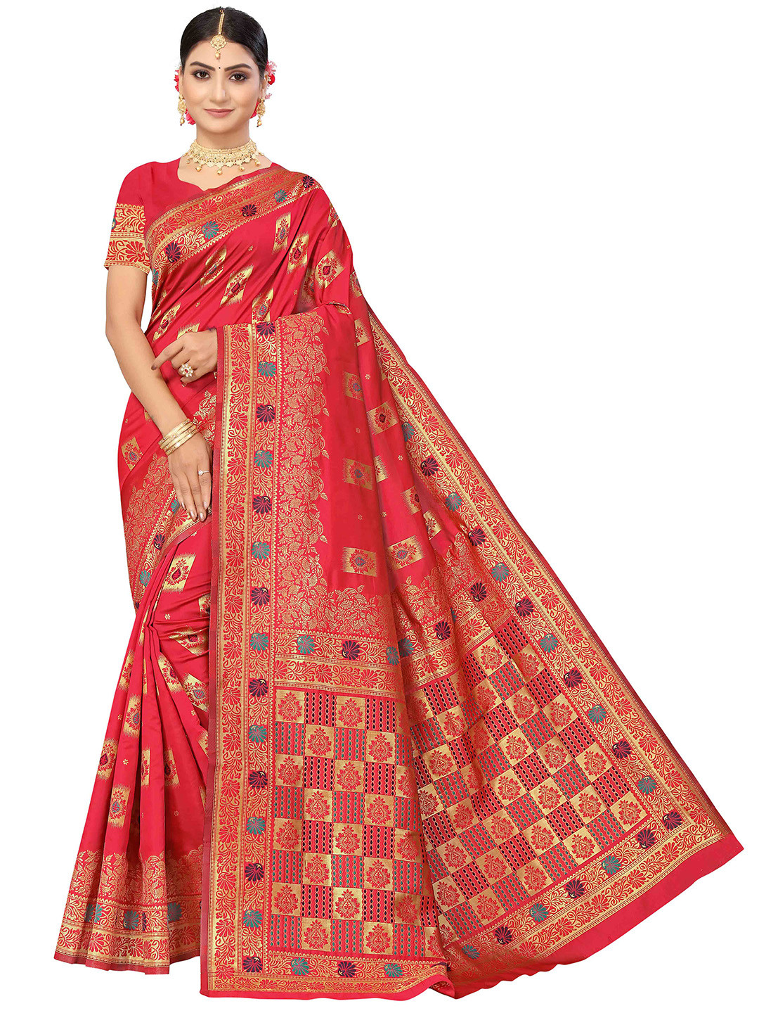 MANVAA Pink & GoldToned Ethnic Woven Design Zari Banarasi Silk Saree